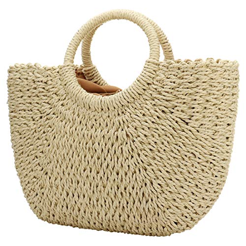 EROUGE Natural Chic Straw Bag Hand Woven Round Handle Handbags