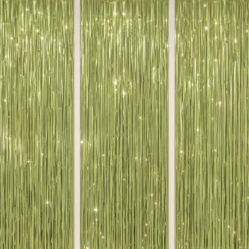 Image of DECOCKRAT 3 Pack Foil Fringe Backdrop - Light Green Shiny Tinsel Curtains for Party Decoration /Photo Booth Props - 3.3x8.2 FT Metallic Foil Backdrop for Birthday, Wedding, Graduation, Christmas