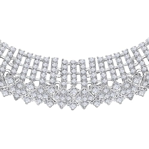 Image of Atasi International Silver Plated White Crystals American Diamonds Stylish Necklace Set with Earrings and Maang Tikka for Women and Girls | Stylish Jewellery for Party, Wedding and Festive Occasions (R6158)