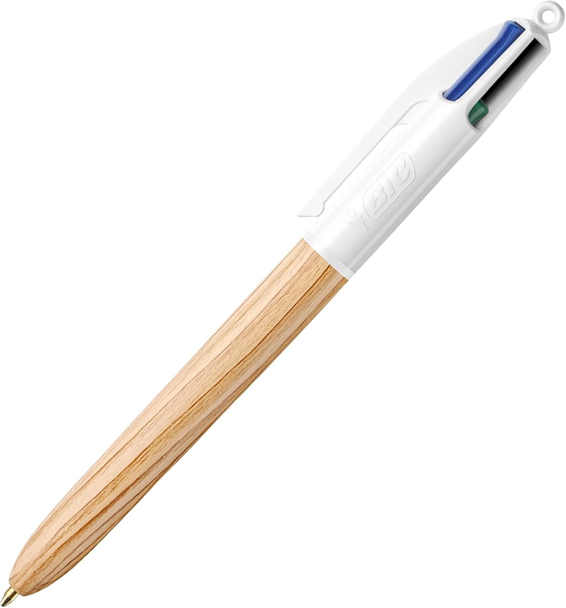 BIC Bolígrafo con efecto madera de 4 colores, bolígrafo retráctil multicolor con tintas azul, negra, roja y verde, punta media de 1,0 mm para tareas escolares de oficina y codificación de colores diaria (paquete de 1)