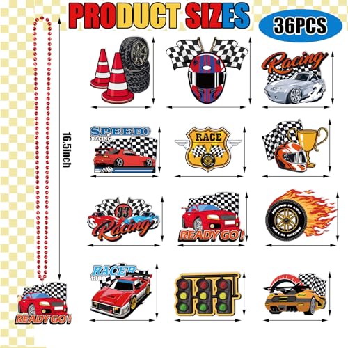 RoundFunny 36 Pcs Race Car Beaded Necklaces Bulk Racing Car Theme Party Favor Gold Black Red Racecar Necklaces Photo Props for Birthday Baby Shower Party Supplies