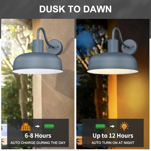 Image of Darkaway Solar Barn Light, Industrial Outdoor Wall Light Dusk to Dawn Wall Sconce Gooseneck Exterior Wall Mount Lighting Fixture with Hammered Dome Metal Shade for House Garage Porch Entry Shed