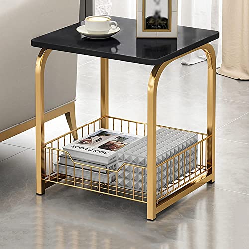 Image of Coffee Table Side Table, MDF Metal, with Storage Basket for Living Bedroom | Side End Table for Living Room, Bedroom, Office (Gold Black)