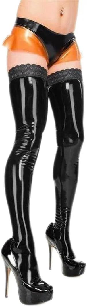 Glossy Faux Leather Thigh High Stockings for Women Stretch Lace Trim Socks Fetish PVC Lingerie