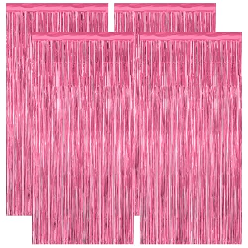 4 Pack Birthday Decorations, 3.28 FT x 7.05 FT Pink Backdrop, Metallic Happy Birthday Backdrop Fringe Curtains Party Streamer, Bachelorette Party Decorations Princes Birthday Party Decor