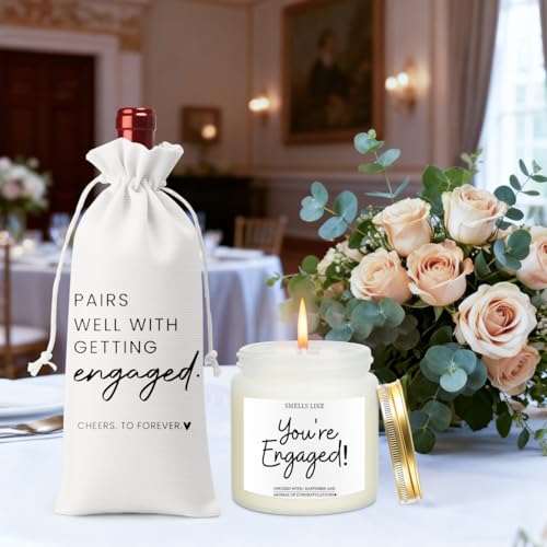 Image of Engaged Gifts Engagement Gifts for Couples Her Engagement Party Decorations | Bridal Shower Decorations Wine Gift Bag Scented Candles Set Cheers To Forever Wine Bag