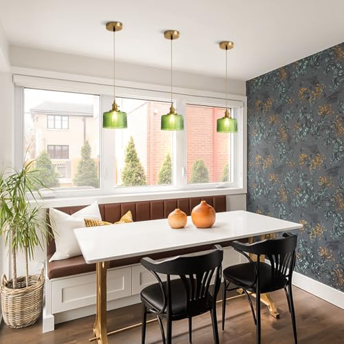 Image of Green Glass Pendant Lights Kitchen Island Lighting | Modern Gold Ribbed Pendant Lighting Adjustable Farmhouse Chandelier Haning Light for Dining Room Bedroom Hallway Entryway