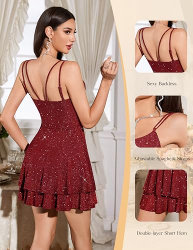 HomRain Women's Spaghetti Straps Backless Dresses Sparkly Short Dress for Homecoming Cocktail Dress for Wedding Guest2