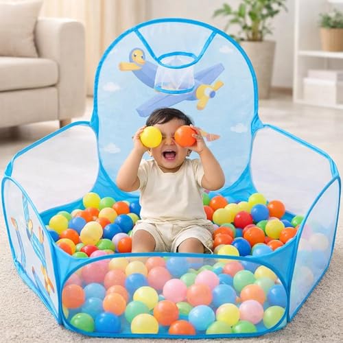 Image of BabyGo Kids Activity Basketball Aeroplane Ball Pool for Kids, Play Tent House for 2+ Year Old Girls and Boys, Ball Pit for Kid, Spacious, Lightweight, Portable & Easy to Set Up (Blue) (No Balls)