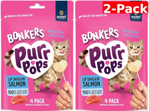 Bonkers Purrpops, Freeze Dried Salmon Flavored Lollipop Cat Treats, Cat Treats, Treats for Training, for All Breeds and Ages, Food Topper (8 Pieces) 2-Pack