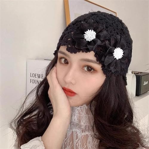 Bonnet élégant avec perle et fleur strass en crochet raffiné - 6