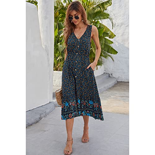 Image of BROVAVE Women Summer Bohemian Floral Print V Neck Sleeveless Sundress Flowy Casual Midi Dress