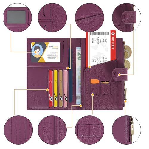 WASON Leather Passport Cover Travel Wallet RFID Blocking – Passport Holder Slot with Zipper Pocket for lD, Boarding Pass,Ticket, Cash, SD Card, Travel Essentials for Men and Women (Purple)4