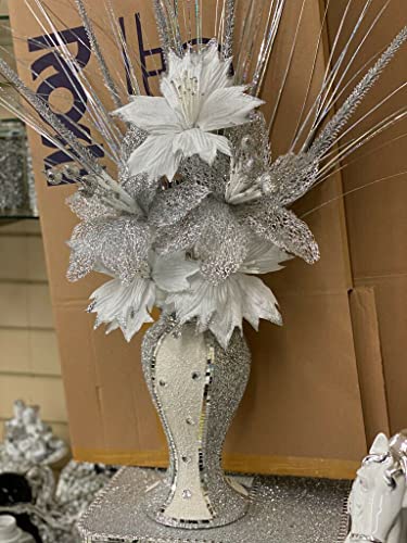 CRYSTAL CROWN Vase en mosaïque avec strass écrasés argentés et ornement de fleurs blanches –...