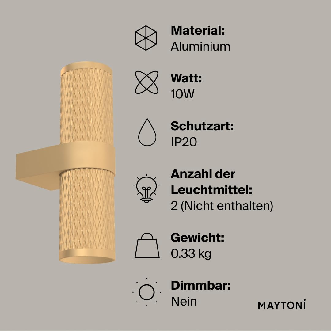 MAYTONI Focus Design Wandleuchte Matt Gold – Ø6 cm - 2-flammige Wandlampe GU10 – Wandleuchte innen, Designlampe, indirekte Beleuchtung aus Aluminium für Wohnzimmer, Schlafzimmer, Flur, Esszimmer