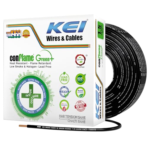 Image of KEI CONFLAME GREEN PLUS 1.5 sqmm 1 Core, 99.97% Pure Copper Conductor,FRLSH - Lead Less Insulation House Wire Suitable for Domestic & Industrial Electrical Wiring (Black, 180 Meters)