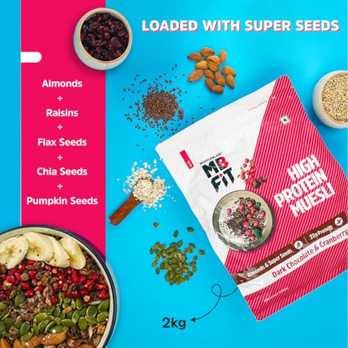 Image of MuscleBlaze Fit High Protein Muesli, Dark Chocolate & Cranberry, 2kg | 22g Protein | With Raisins, Almonds & Super Seeds,High Protein Breakfast Cereals