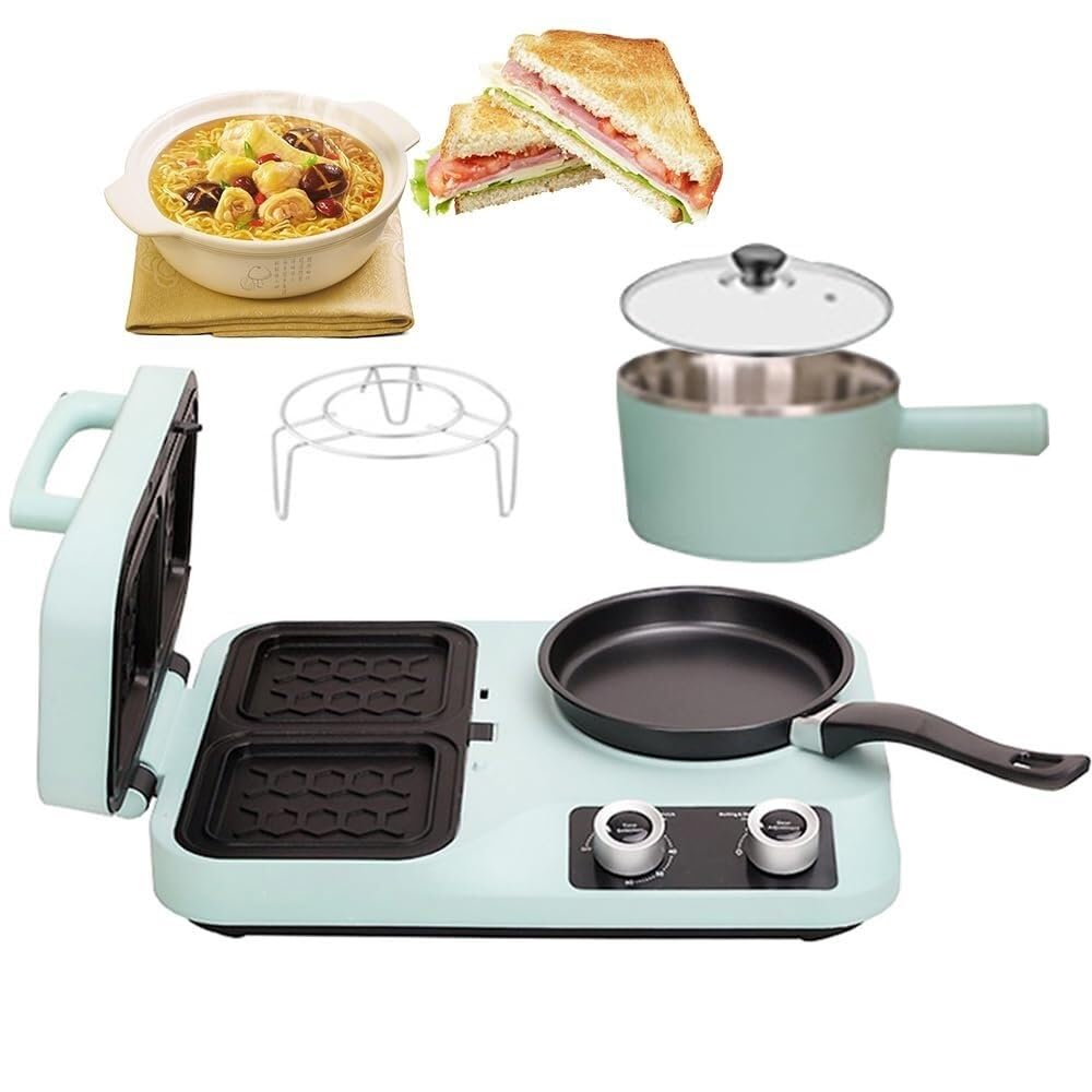 4In1 Breakfast Maker Station, 800W Electric Sandwich Breakfast Machine with Non stick Griddle, Breakfast Machine