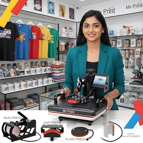 Image of MY PRINT | Heat Press 5 in 1 Digital Multi Functional | DTF PRINTING | Sublimation Printing | Vinyl Printing Machine for T-Shirts [Any Flat Product] with Cap Press, Plate Press, 11Oz Mug Press, with extra Mug Attachment | 12x15 Inch | For Business Supplies [Teflon Attached]