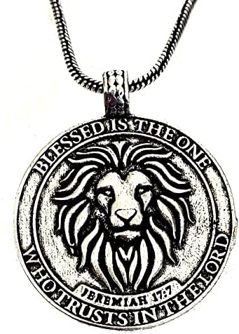 Bible Verse & Lion Pendant for Men & boys Locket Necklaces - Blessed is the One Who Trusts In the Lord | Christian Faith Religious Gifts Jewelry for Girls & Women (Rustic Silver)