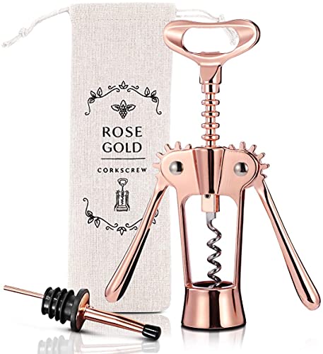Wine Bottle Opener Wing Corkscrew, Godmorn Rose Gold Beer Bottle Opener with Wine Pourer, Cute Stainless Steel Winged Corkscrew, Pink Cork Screw Wine Accessories For Kitchen Bars Mothers Day Gift