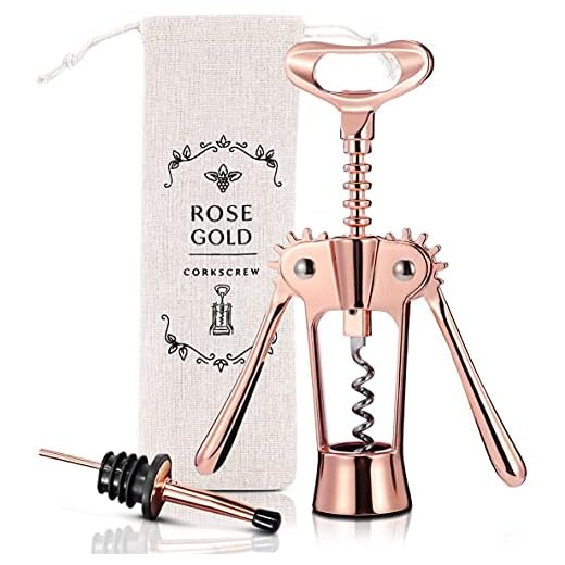 Wing Corkscrew Wine Bottle Opener Godmorn Rose Gold Beer Bottle Opener with Wine Pourer, Cute All-in-one Stainless Steel Winged Corkscrew Pink Wine Accessories For Kitchen Chateau Restaurant Bars