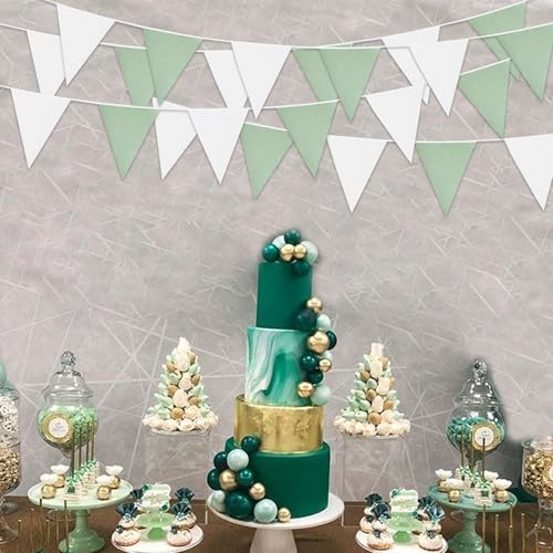 Image of Zwiebeco 39Ft Green White Fabric Bunting Banner Triangle Flags Hanging Cotton Garland Pennant for Spring Tea Party Birthday Wedding Baby Shower Outdoor Garden Decorations 42PCS