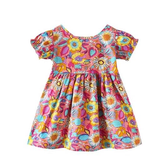 2025 Robe Ete Fille Robes d‘été Manches Courtes Enfants Coton Loisir Robe Col Rond Élégante Léger Fluide Robes de Fête pour Filles Dress Pas Cher 2-8 ans