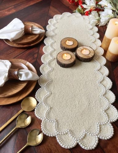 Elegant Handmade Beaded Pearl Table Runner – Pearl Cream, Decorat...