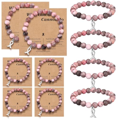 6 Pcs Breast Cancer Awareness Bracelets Natural Stone Healing Crystal Beaded Inspirational Bracelets Gifts for Women Best Friend Sister