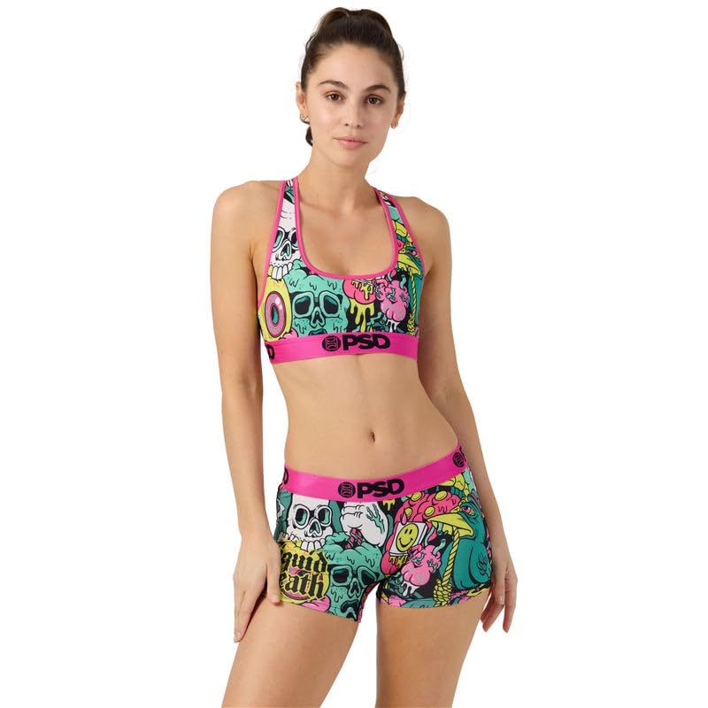 PSD Womens Liquid Death Black Sports Bra, Multi, XL: Large Death Drip