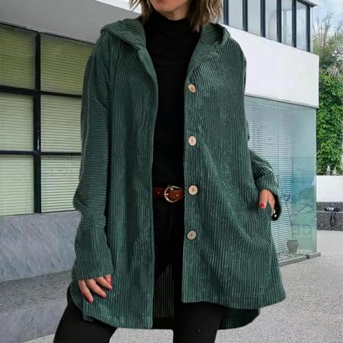 Womens Button Down Hooded Corduroy Shirt Jacket Loose Long Sleeve Solid Color Oversized Outwear Coats with Pockets3