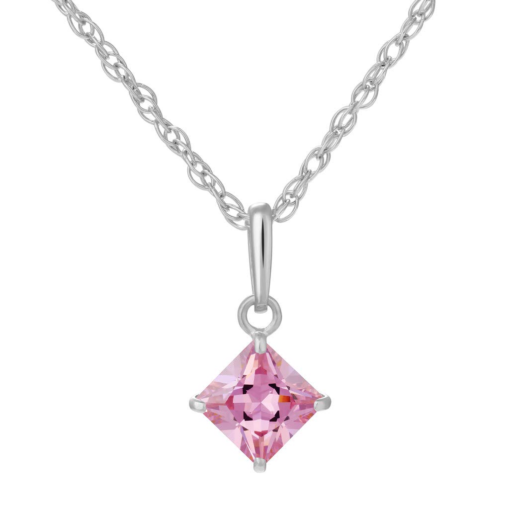 SOLIDGOLD14K Gold Pendant with Pink or Created Ruby Square CZ Solitaire Pendant & Adjustable Chain Sizes 3-5mm in Yellow, Rose & White Gold