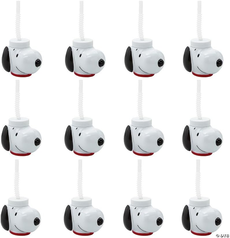 Fun Express 6" 10 oz. Peanuts Snoopy-Shaped Reusable Plastic Cups with Lids & Straws – 12 count