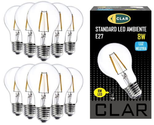 CLAR - Bombilla Filamento, Bombilla Filamento LED E27, Bombillas Decorativas, Bombilla Vintage, Bombilla LED E27 Vintage, 8W 4000ºK (Pack 10)