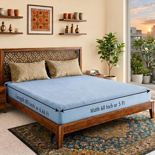 Image of Lithara Terry Cotton Fitted Mattress Protector for Queen /Double Bed | Waterproof & Elastic Band | Ultra Soft & Hypoallergenic Mattress Cover | Size : 60 x 80 Inches (5 x 6.67 Feet) | (Sky Blue)