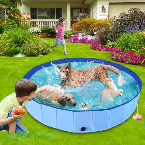 Hundepool, 160cm*30cm, Zusammenklappbarer Robuster Wasserdichter Schwimmpool für Kleine, Mittelgroße & Große- Anti-Rutsch Badewanne mit Verschleißfester Oberfläche für Katzen und Hunde im Garten