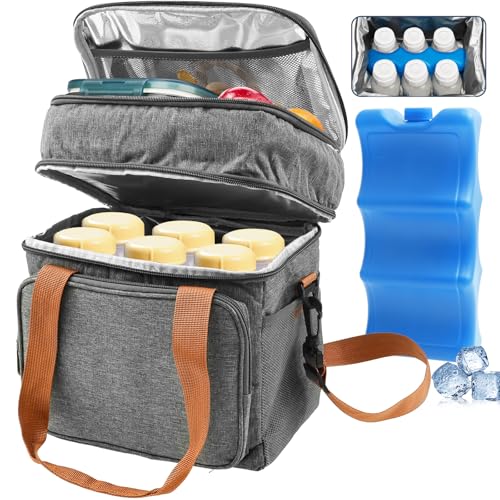 Bolsa térmica para leite materno com bolsa de gelo, bolsa térmica para mamadeiras serve para 6 mamadeiras de até 255 g, bolsa de transporte de viagem de camada dupla para leite materno, bolsa térmica