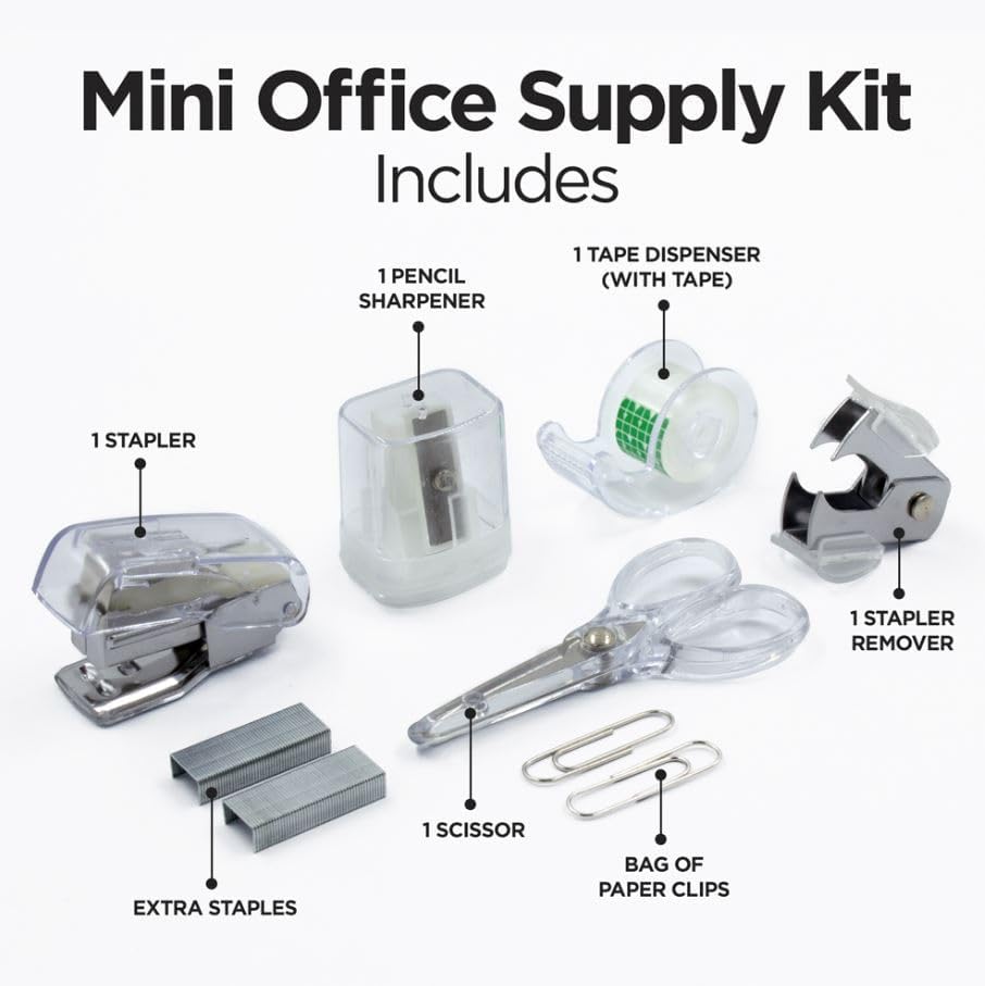 LD Products Clear Mini Office Supply Kit Portable Case with Scissors, Paper Clips, Tape Dispenser, Pencil Sharpener, Stapler & Staple Remover image 3 of 8 B0857D4KKH