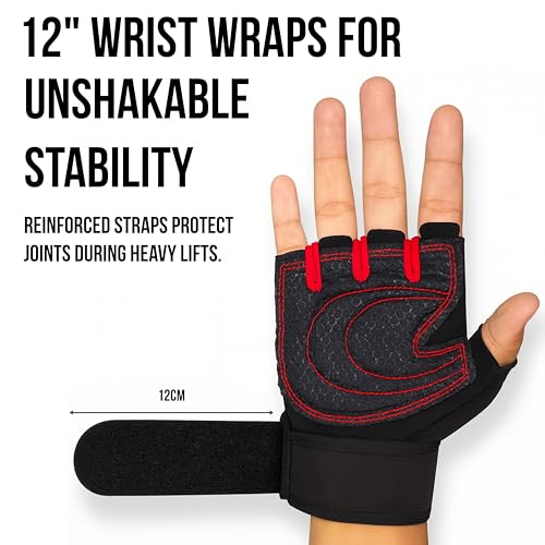 Image of PulseITGripGloves Weightlifting Gloves for Men & Women | 12-Inch Wrist Wrap Support & Anti-Slip Padded Palm | Gym Gloves for Workout, Powerlifting, Strength Training & Heavy Lifting | Black, M
