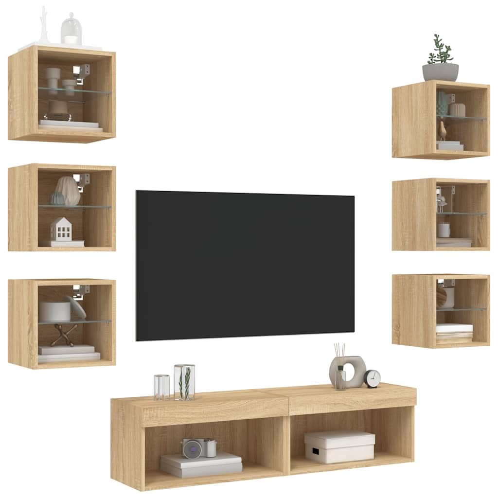 8-TLG. Wohnwand Sonoma Roble Holzwerkstoff, Wandmontage RGB-LED-Beleuchtung Stauraum für Wohnzimmer, Medien & Bücher 30x28,5x30cm, Feuchtigkeitsbeständig