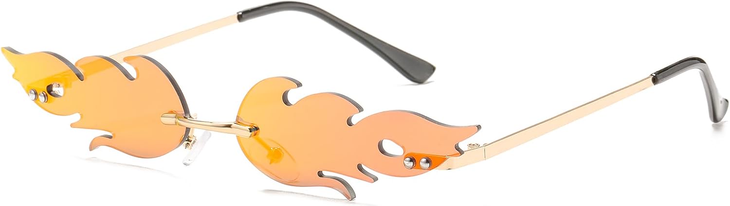 PORADAY Fire Flame Sunglasses for Women Men Trendy Retro Rimless Glasses Vintage Wave Fire Shaped Frameless Eyeglasses