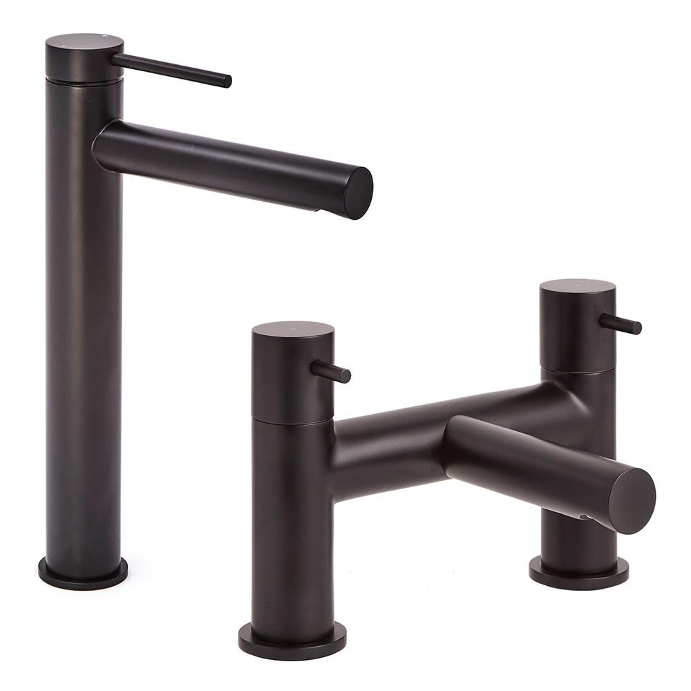 Milano Black Otto High Rise Mono Bathroom Basin Mixer Tap Bath Filler Tap