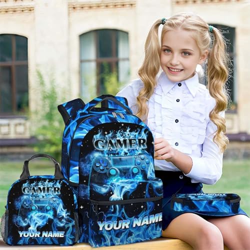 Custom Backpack with Lunch Box and Pencil Case Set, Set of 3 Matching Gamer Backpacks Combo, Blue Cute Gaming Boys Kids Bookbag and Pencil Case Bundle3