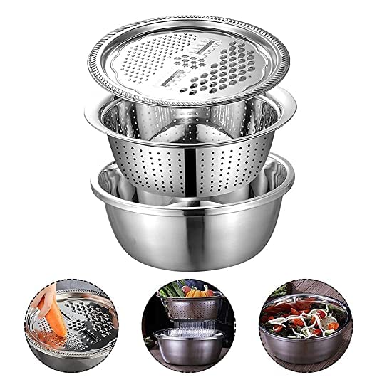 KGN MART 3 in 1 Stainless Steel Basin Grater Colander with Lids, Salad Mixing Bowls with Strainers, Cheese Cutter Slicer Basket for Vegetables, Rice, Food Washing, Shredding Set for Cooking (Set of 3)