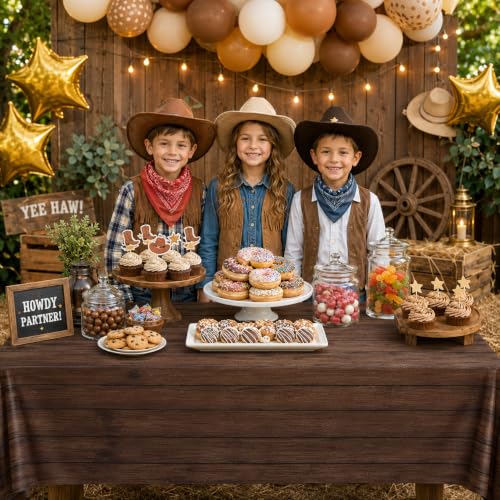 Image of LINHAXM 3 Pack Brown Wood Grain Tablecloths, Western Party Decorations, Vintage Farmhouse Tablecloth, Rustic Plastic Table Covers for Rodeo Western Barn Birthday Wedding Party Decor, 54 x 108 Inch
