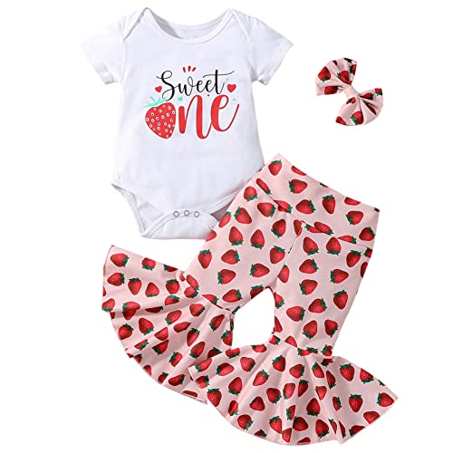 Baby Girl First Birthday Outfit Short Sleeve Romper Top Flare Pants Headband 3Pcs Cake Smash Clothes