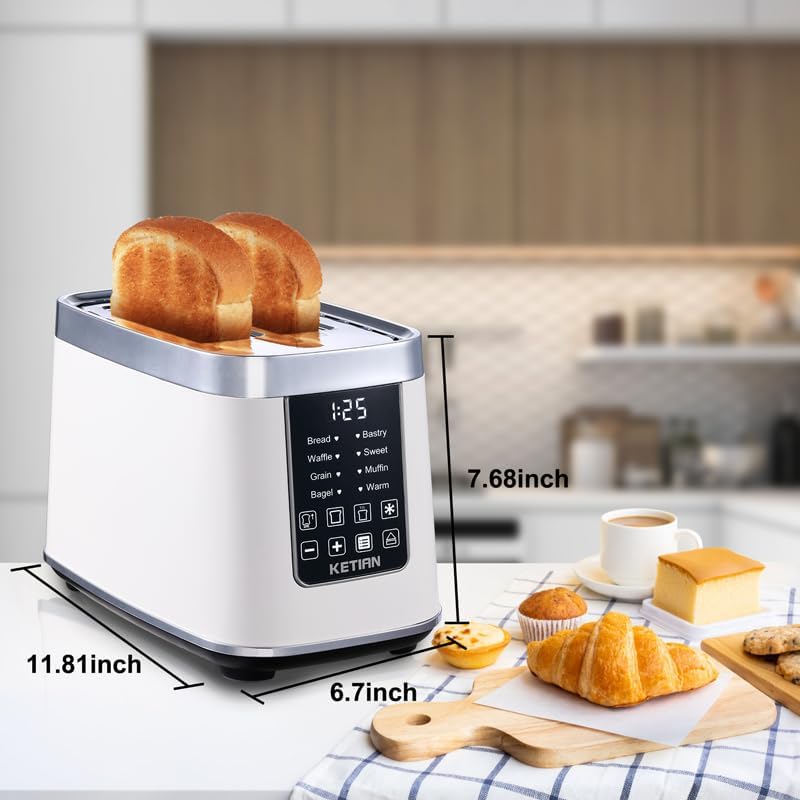 Smart Touch Screen Toaster 2 Slice, KETIAN Automatic Digital Stainless Steel Toaster,7 Bread Types,Single Slot Tech,7 Browning Settings,Removable Crumb Tray,1400W (White)