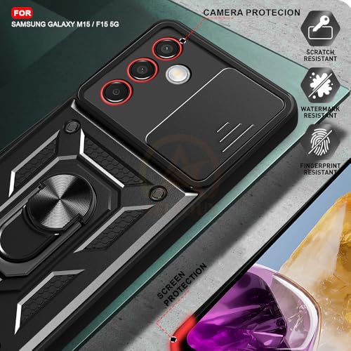 Image of Armor Bumper Back Cover Case for Samsung M15 / F15 | Rotating Camera Cover, Ring Holder & Kickstand | Heavy Duty & 360 Degree Protection Samsung M15 / F15 Back Cover (Black)