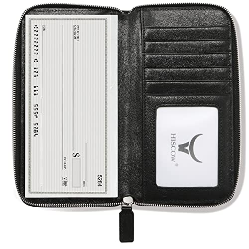 Image of HISCOW Leather Checkbook Cover, Zippered Wallet, Vegetable-Tanned Black | Full grain cowhide, 5cc & ID window, personal check book & register pockets, removable duplicate divider, women secure zipper